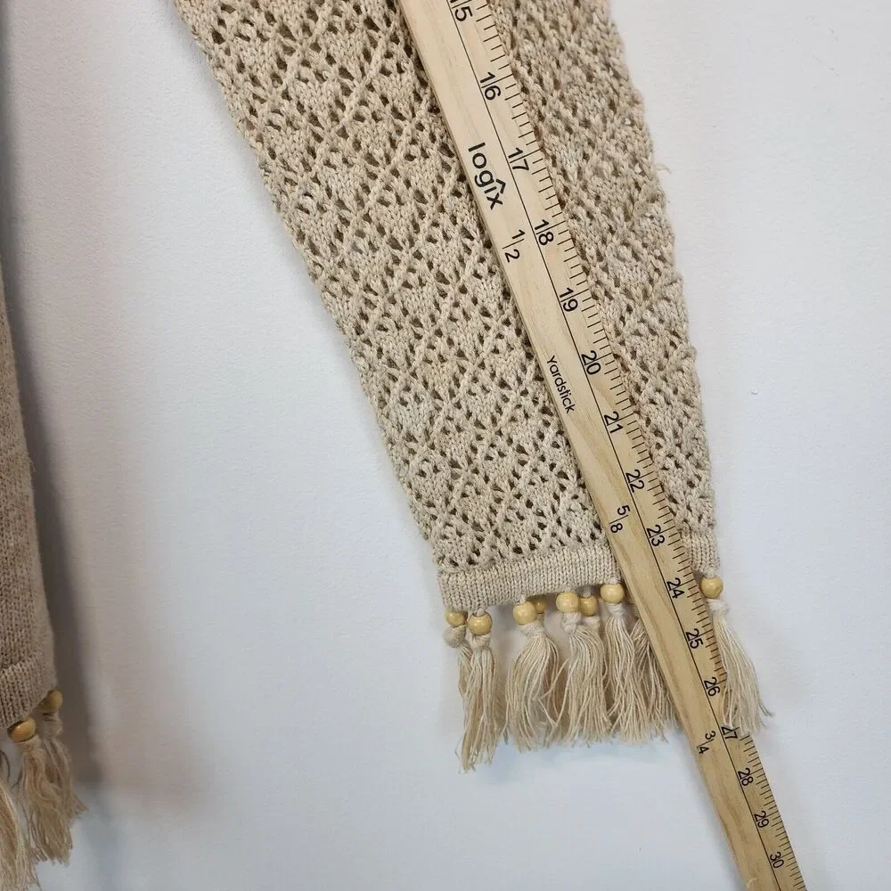 Storybook Knits Cardigan Sweater Size M Beige Crochet Fringe Granny Vintage